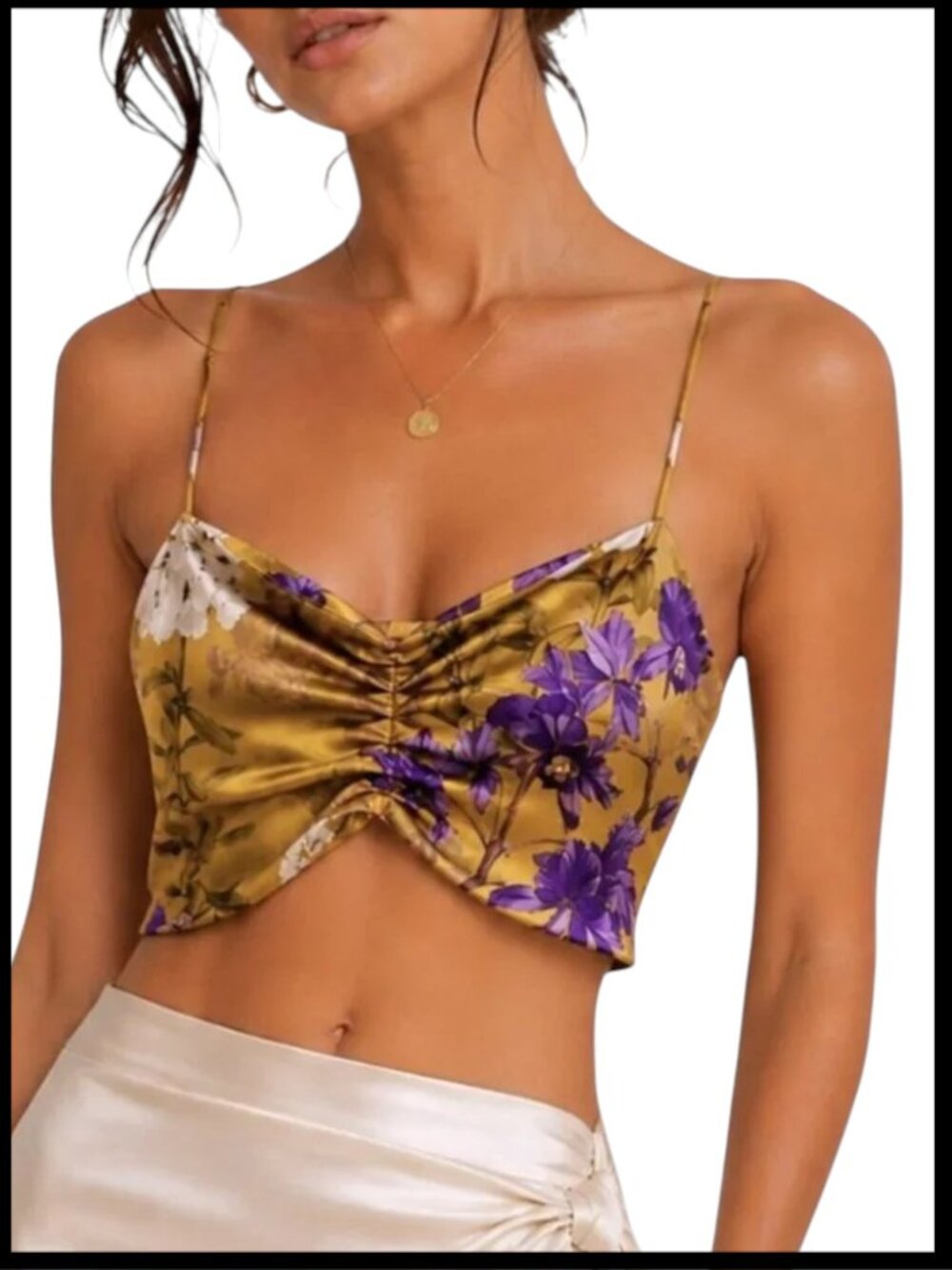 Eugenia Fernández Yellow Purple Floral Satin Ruched Crop Top M